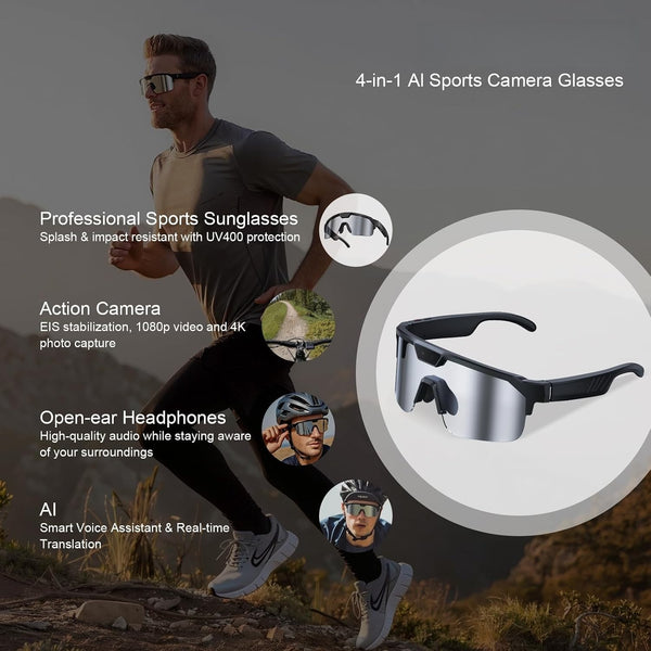 AI Sports Camera Glasses with 8MP Photos 1200P Video Bluetooth Audio Phone Call Wi-Fi