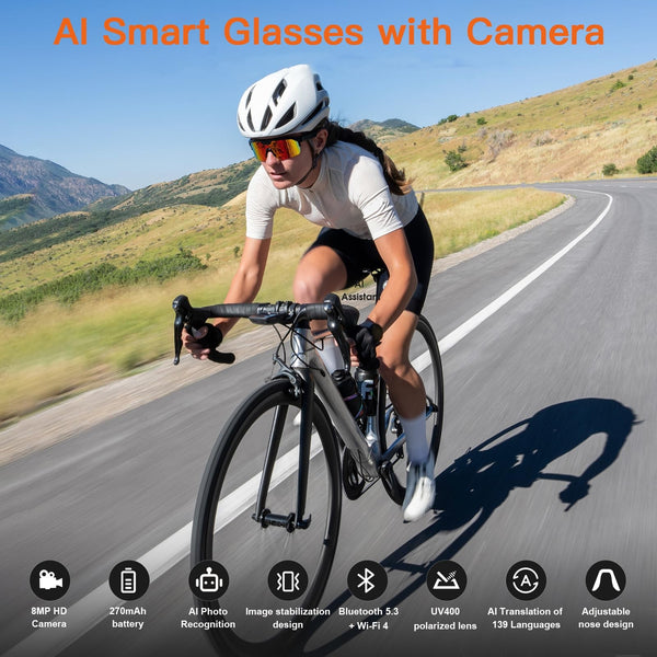 AI Sports Camera Glasses with 8MP Photos 1200P Video Bluetooth Audio Phone Call Wi-Fi
