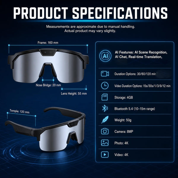 AI Sports Camera Glasses with 8MP Photos 1200P Video Bluetooth Audio Phone Call Wi-Fi