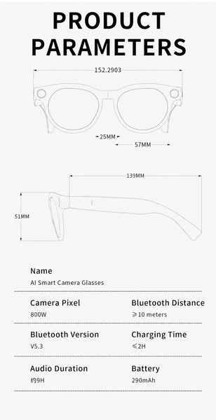 AI Smart Camera Glasses with 1080p Video AI Object Recognition Bluetooth Audio Hands-Free Calling