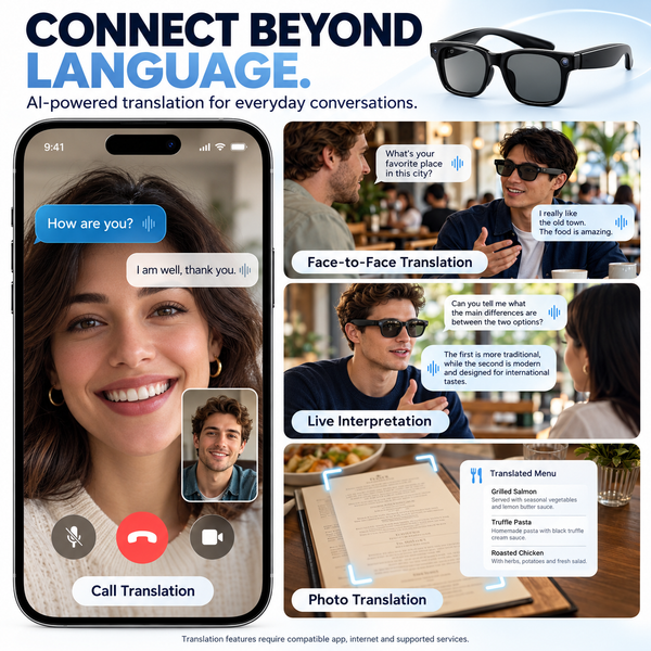 AI Smart Camera Glasses with 1080p Video AI Object Recognition Bluetooth Audio Hands-Free Calling