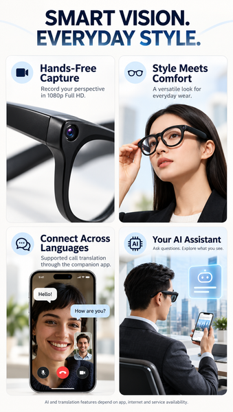 AI Smart Camera Glasses with 1080p Video AI Object Recognition Bluetooth Audio Hands-Free Calling