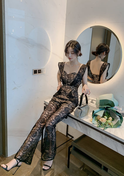 Sexy Women Tube Top Halter Lace Bow Sleeves Two Pieces High Waist Slim Fit Jumpsuit