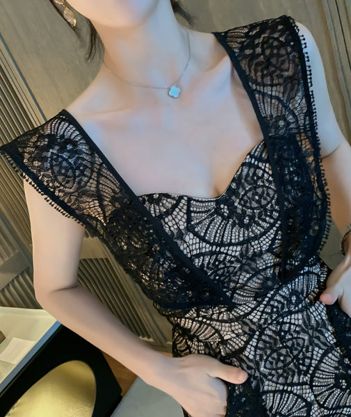 Sexy Women Tube Top Halter Lace Bow Sleeves Two Pieces High Waist Slim Fit Jumpsuit