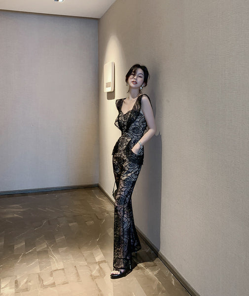 Sexy Women Tube Top Halter Lace Bow Sleeves Two Pieces High Waist Slim Fit Jumpsuit