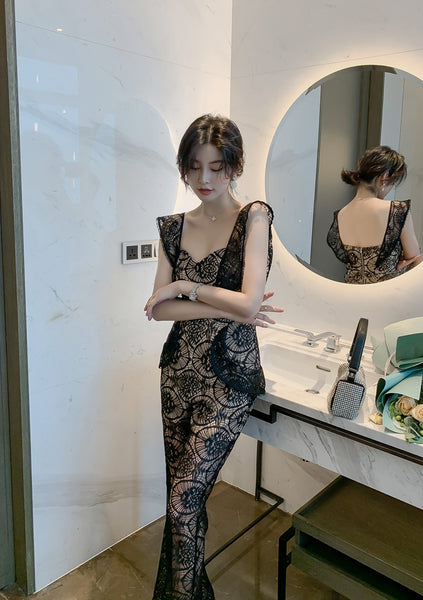 Sexy Women Tube Top Halter Lace Bow Sleeves Two Pieces High Waist Slim Fit Jumpsuit