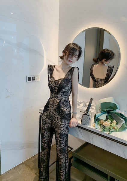 Sexy Women Tube Top Halter Lace Bow Sleeves Two Pieces High Waist Slim Fit Jumpsuit