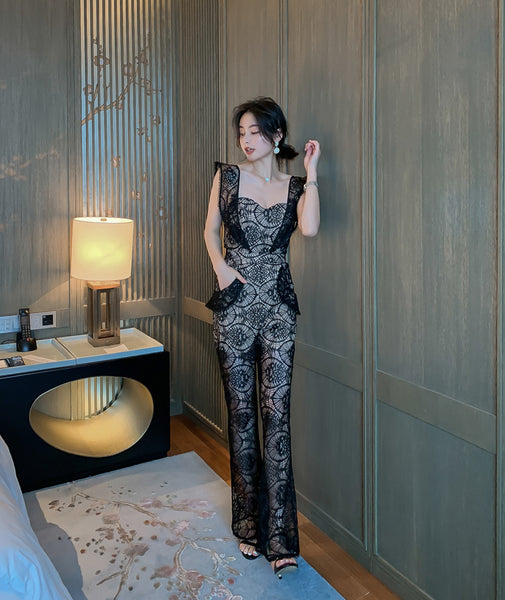 Sexy Women Tube Top Halter Lace Bow Sleeves Two Pieces High Waist Slim Fit Jumpsuit