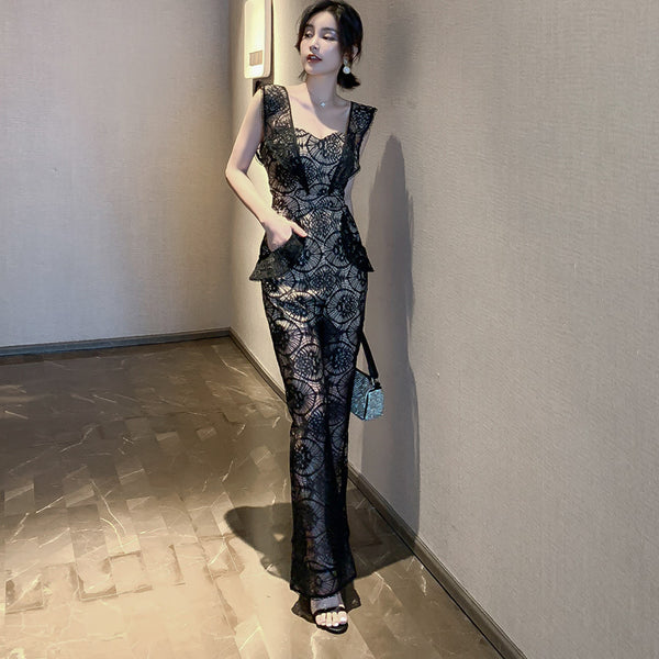 Sexy Women Tube Top Halter Lace Bow Sleeves Two Pieces High Waist Slim Fit Jumpsuit