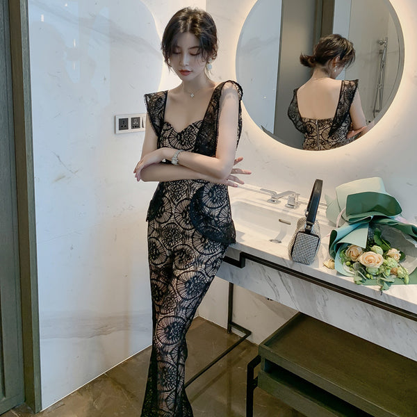 Sexy Women Tube Top Halter Lace Bow Sleeves Two Pieces High Waist Slim Fit Jumpsuit