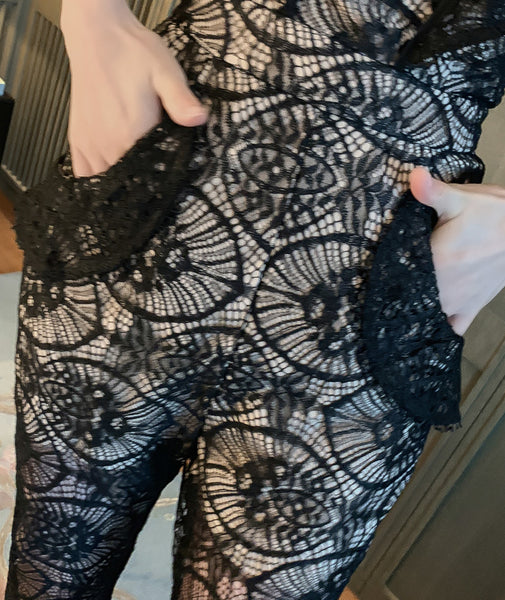 Sexy Women Tube Top Halter Lace Bow Sleeves Two Pieces High Waist Slim Fit Jumpsuit