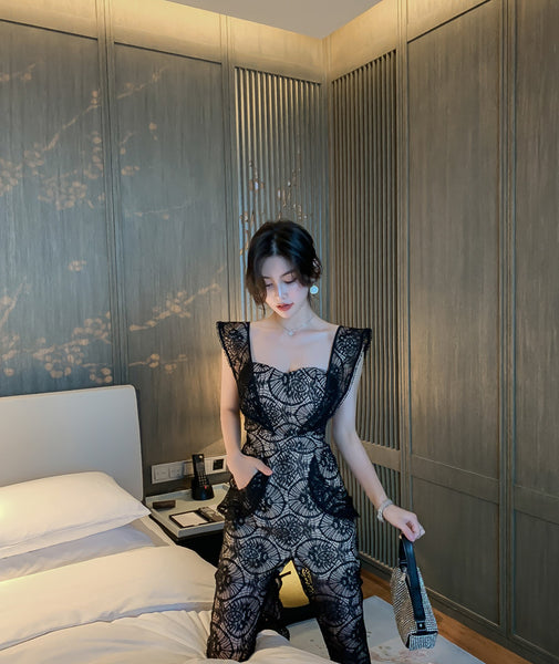 Sexy Women Tube Top Halter Lace Bow Sleeves Two Pieces High Waist Slim Fit Jumpsuit
