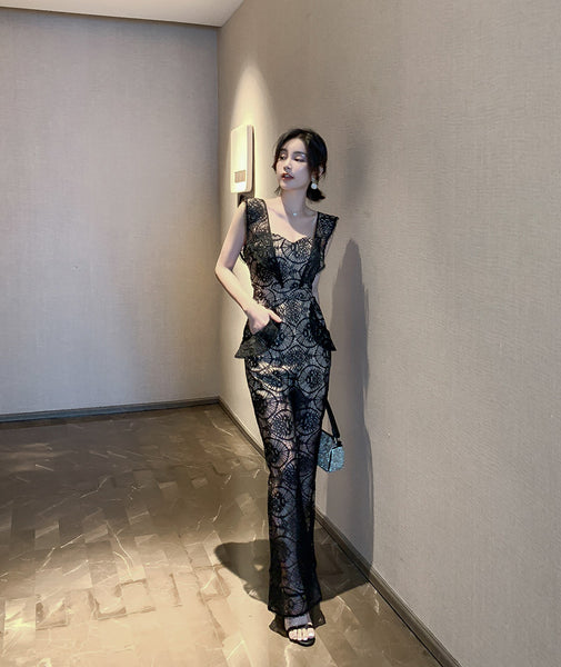 Sexy Women Tube Top Halter Lace Bow Sleeves Two Pieces High Waist Slim Fit Jumpsuit