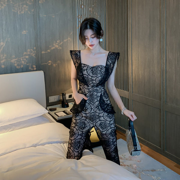 Sexy Women Tube Top Halter Lace Bow Sleeves Two Pieces High Waist Slim Fit Jumpsuit