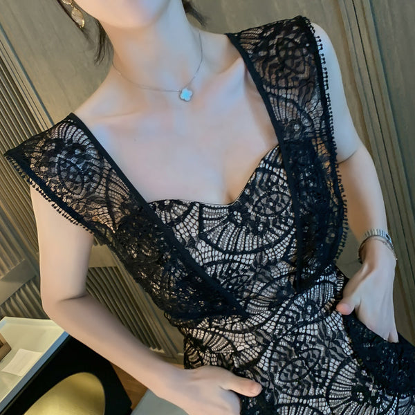 Sexy Women Tube Top Halter Lace Bow Sleeves Two Pieces High Waist Slim Fit Jumpsuit