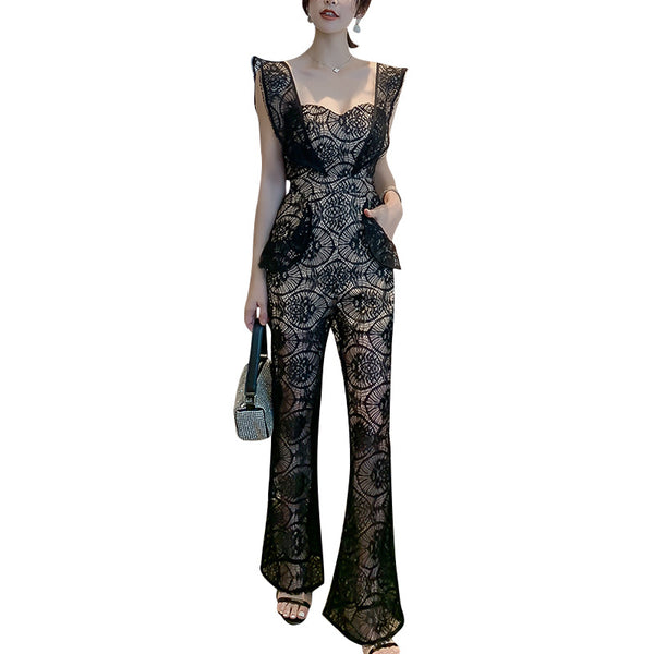 Sexy Women Tube Top Halter Lace Bow Sleeves Two Pieces High Waist Slim Fit Jumpsuit