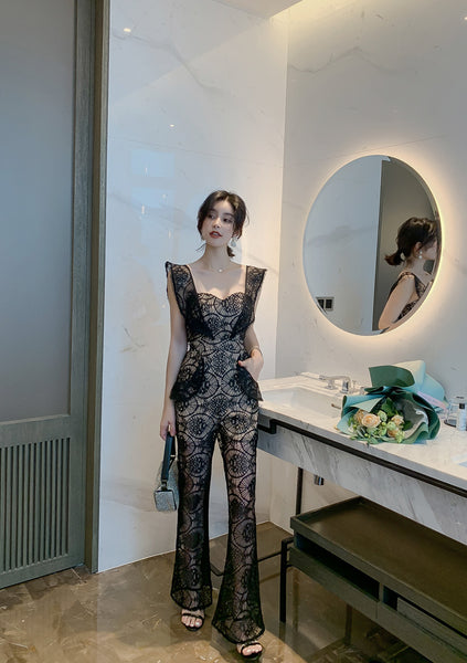 Sexy Women Tube Top Halter Lace Bow Sleeves Two Pieces High Waist Slim Fit Jumpsuit