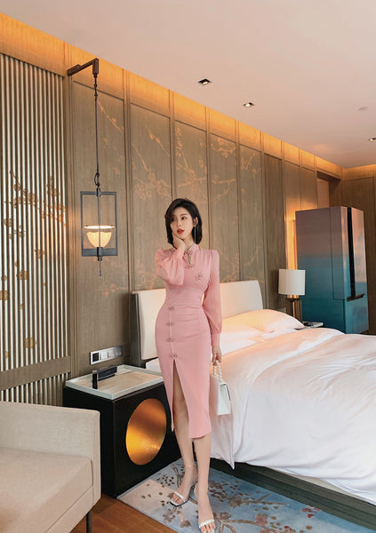 Elegant Ladies Retro Long Sleeve Ropa Dama Pink Front Open Split Bodycon Dress