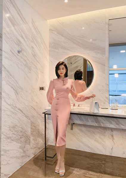 Elegant Ladies Retro Long Sleeve Ropa Dama Pink Front Open Split Bodycon Dress