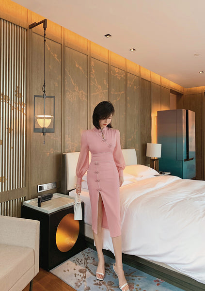 Elegant Ladies Retro Long Sleeve Ropa Dama Pink Front Open Split Bodycon Dress