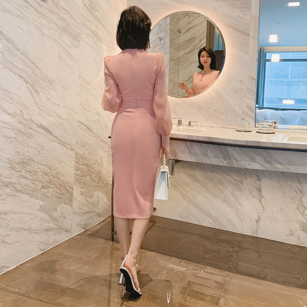 Elegant Ladies Retro Long Sleeve Ropa Dama Pink Front Open Split Bodycon Dress