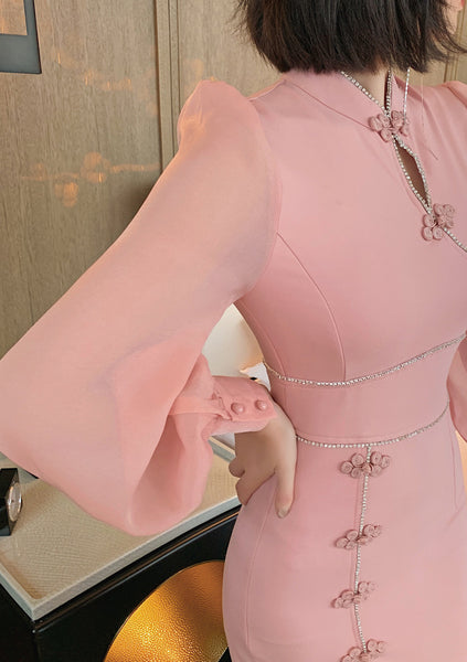 Elegant Ladies Retro Long Sleeve Ropa Dama Pink Front Open Split Bodycon Dress