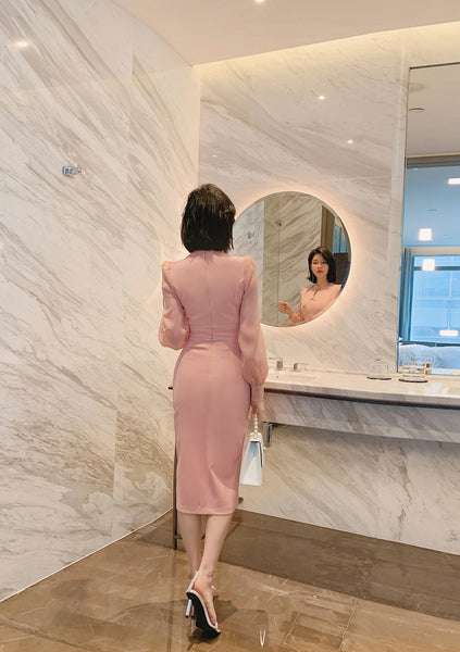 Elegant Ladies Retro Long Sleeve Ropa Dama Pink Front Open Split Bodycon Dress