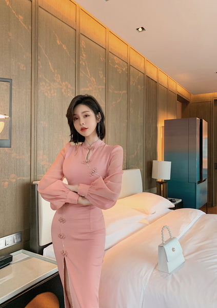 Elegant Ladies Retro Long Sleeve Ropa Dama Pink Front Open Split Bodycon Dress