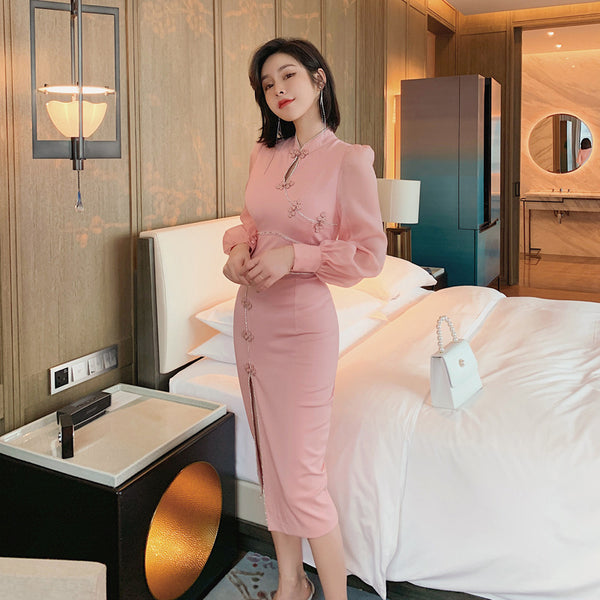 Elegant Ladies Retro Long Sleeve Ropa Dama Pink Front Open Split Bodycon Dress