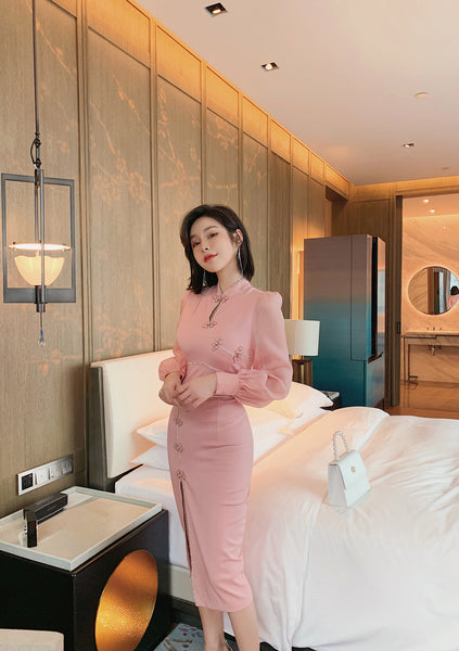Elegant Ladies Retro Long Sleeve Ropa Dama Pink Front Open Split Bodycon Dress