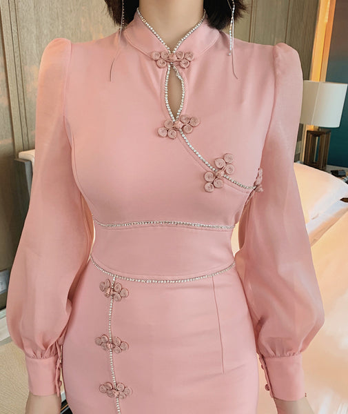 Elegant Ladies Retro Long Sleeve Ropa Dama Pink Front Open Split Bodycon Dress