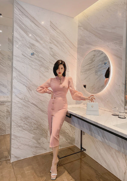 Elegant Ladies Retro Long Sleeve Ropa Dama Pink Front Open Split Bodycon Dress