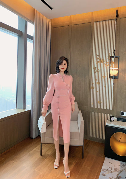 Elegant Ladies Retro Long Sleeve Ropa Dama Pink Front Open Split Bodycon Dress