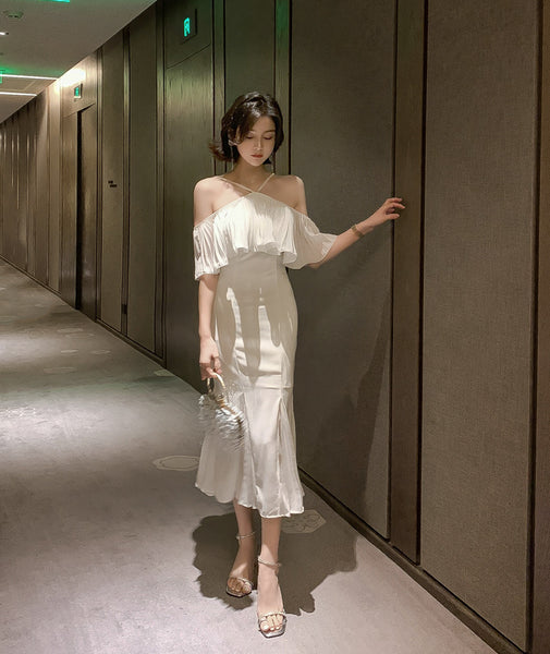 Summer Celebrity Sexy Women Classic Off Shoulder Halter Neck Ruffled Hem Waist Mermaid Dress