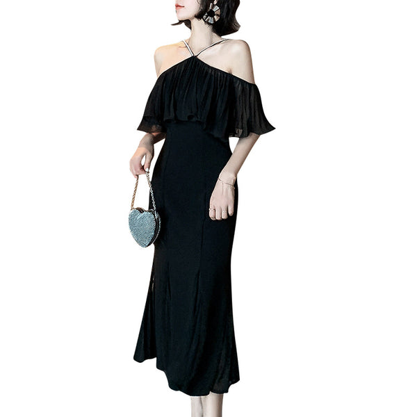 Summer Celebrity Sexy Women Classic Off Shoulder Halter Neck Ruffled Hem Waist Mermaid Dress