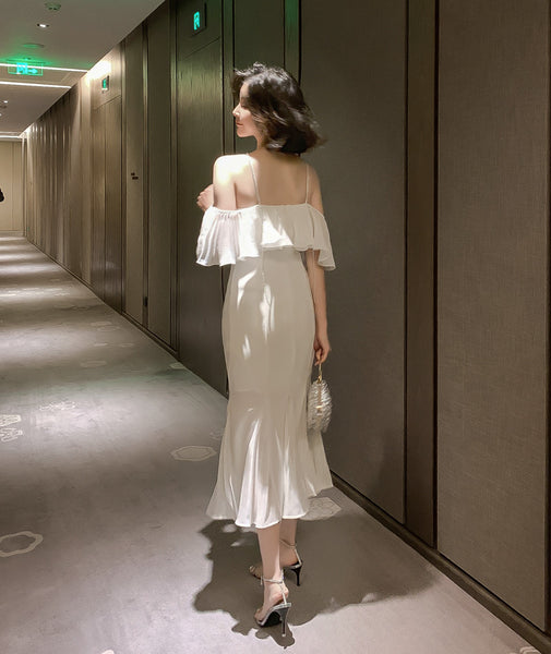 Summer Celebrity Sexy Women Classic Off Shoulder Halter Neck Ruffled Hem Waist Mermaid Dress
