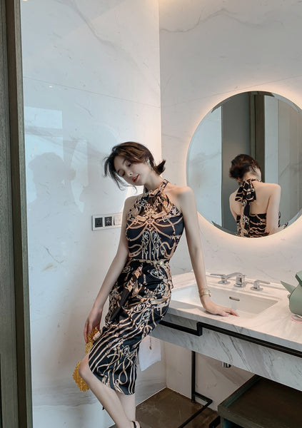 Luxury Ladies Pattern Printed Halter Neck Strapless Back Top Front Slit Evening Skirt Suit