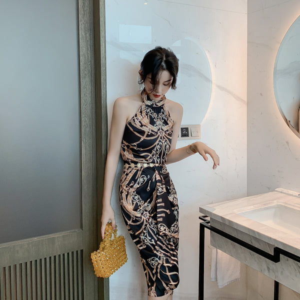 Luxury Ladies Pattern Printed Halter Neck Strapless Back Top Front Slit Evening Skirt Suit