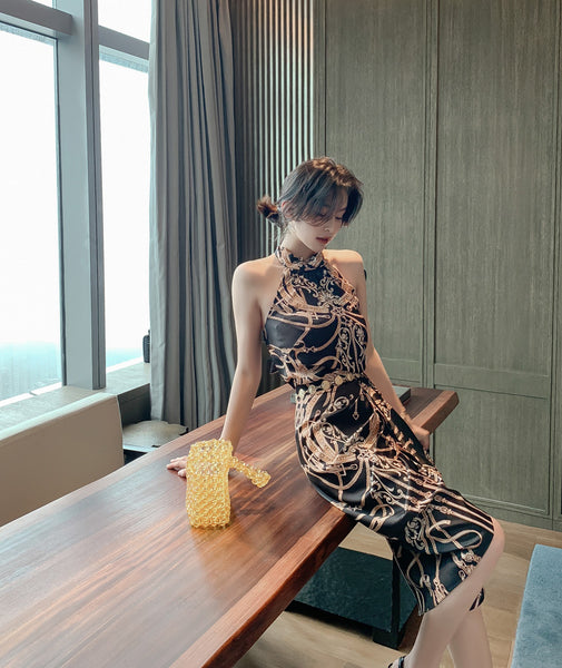 Luxury Ladies Pattern Printed Halter Neck Strapless Back Top Front Slit Evening Skirt Suit