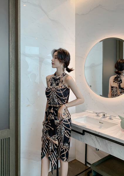 Luxury Ladies Pattern Printed Halter Neck Strapless Back Top Front Slit Evening Skirt Suit