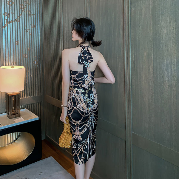 Luxury Ladies Pattern Printed Halter Neck Strapless Back Top Front Slit Evening Skirt Suit