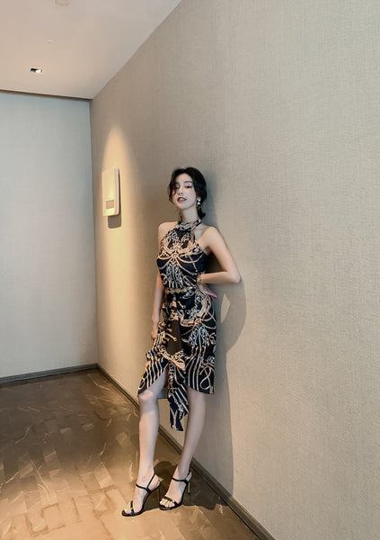 Luxury Ladies Pattern Printed Halter Neck Strapless Back Top Front Slit Evening Skirt Suit