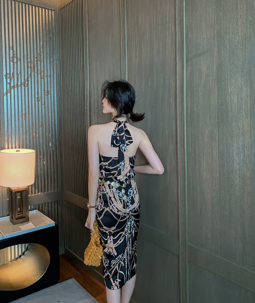 Luxury Ladies Pattern Printed Halter Neck Strapless Back Top Front Slit Evening Skirt Suit
