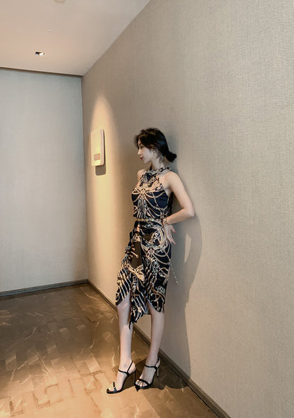 Luxury Ladies Pattern Printed Halter Neck Strapless Back Top Front Slit Evening Skirt Suit