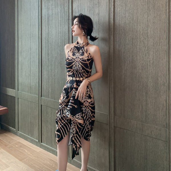 Luxury Ladies Pattern Printed Halter Neck Strapless Back Top Front Slit Evening Skirt Suit
