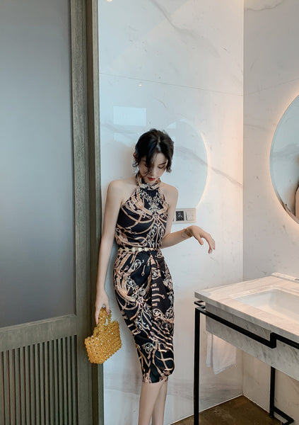 Luxury Ladies Pattern Printed Halter Neck Strapless Back Top Front Slit Evening Skirt Suit