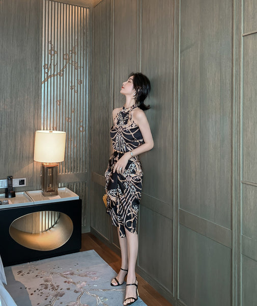Luxury Ladies Pattern Printed Halter Neck Strapless Back Top Front Slit Evening Skirt Suit