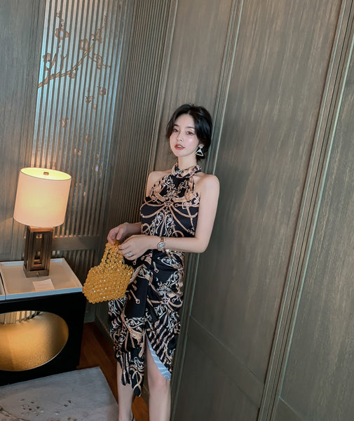 Luxury Ladies Pattern Printed Halter Neck Strapless Back Top Front Slit Evening Skirt Suit