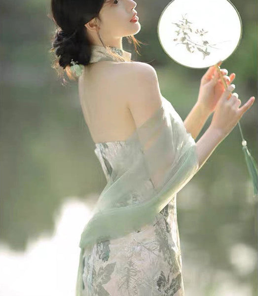 Vintage Off Shoulder Floral Printed Design Retro Long Side Split Cheongsam Dress