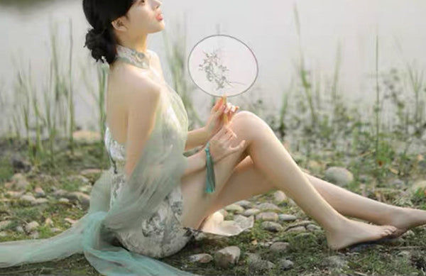 Vintage Off Shoulder Floral Printed Design Retro Long Side Split Cheongsam Dress